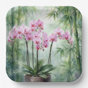 Assiettes En Carton Plante d'orchidée rose sur fond de bambou