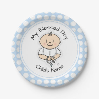 Assiettes En Carton Plaque Baptême Cute 7" - Garçon bébé avec Rosaire
