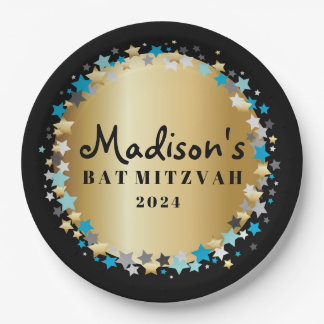 Assiettes En Carton Plaque Bat mitzvah Gold Aqua Gold Stars Bar