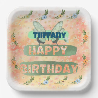 Assiettes En Carton Plaque Carré en papier à fleurs et papillons