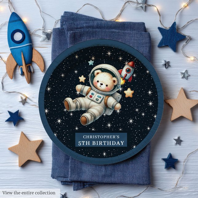 Assiettes En Carton Plaque d'anniversaire de l'Ours spatial pour petit (Space Bear Birthday Plate for Little Astronaut Boy)
