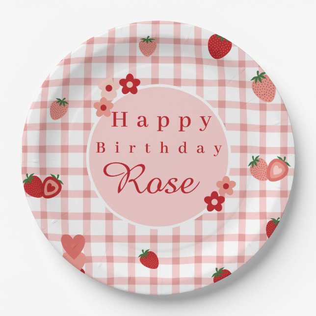 Assiettes En Carton Plaque d'anniversaire rose et rouge fraise (Devant)