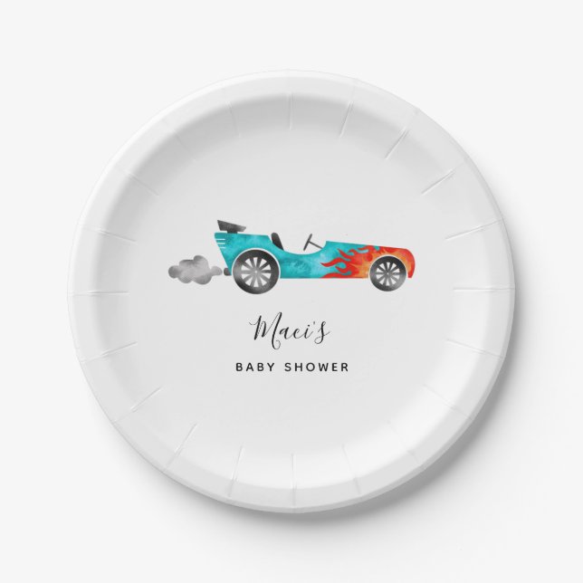 Assiettes En Carton Plaque de Baby shower moderne Blue Race Car Girl (Devant)