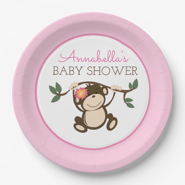 Assiettes En Carton Plaque de Baby shower pour fille de jeu de singe (Devant)