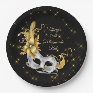 Assiettes En Carton Plaque de bal Mascarade, Argent d'or noir