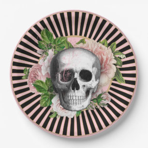 Assiettes En Carton Plaque de crâne florale rayée noire et rose