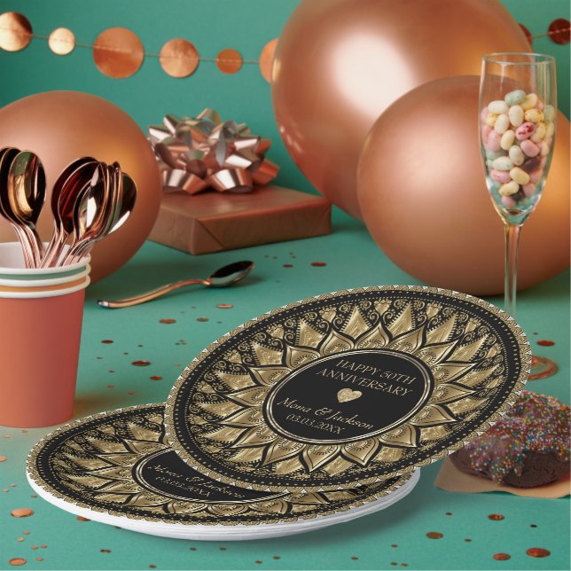 Assiettes En Carton Plaque De Dîner Mandala Gold Et Black Floral (Multi)