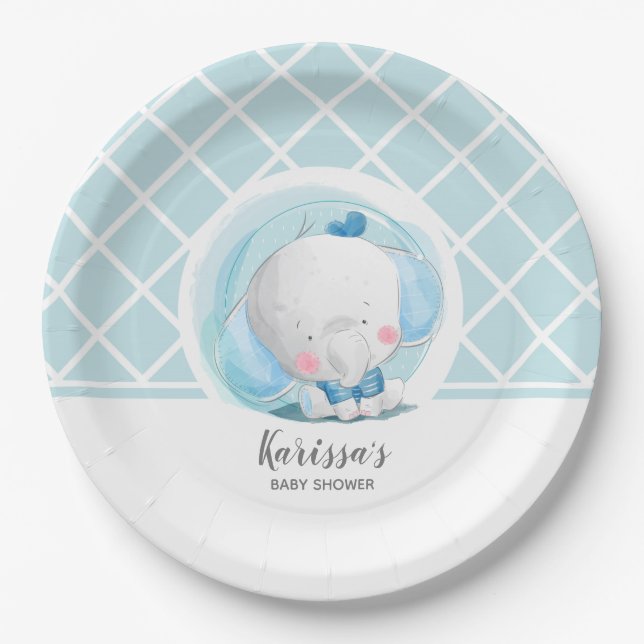 Assiettes En Carton Plaque de papier Baby shower bleu éléphant garçon (Devant)