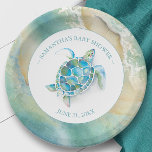 Assiettes En Carton Plaque de papier Baby shower de tortue de mer<br><div class="desc">Plats sucrés et personnalisés pour votre baby shower de jardins à thème tropical à thème tortue de mer. Ce design comprend une bordure avec des vagues océaniques et une tortue de mer aquarelle. Personnalisez-vous avec le nom et la date de la douche de la maman. Pour voir la décoration de...</div>