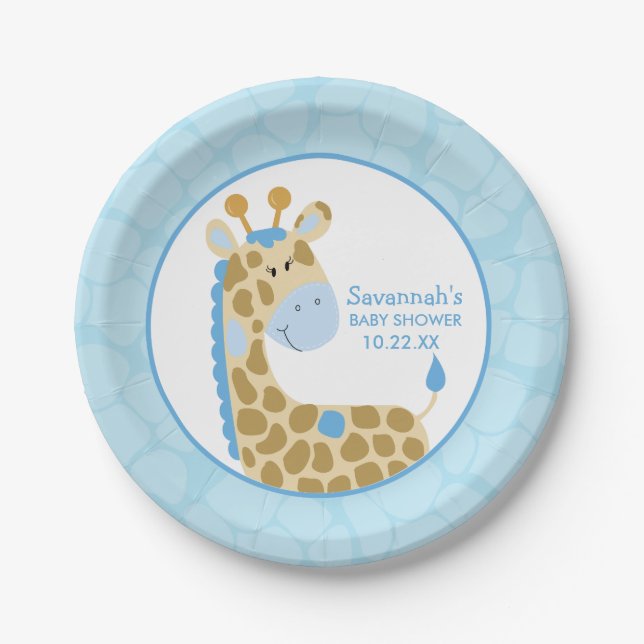Assiettes En Carton Plaque de papier Baby shower en Giraffe Bleue (Devant)