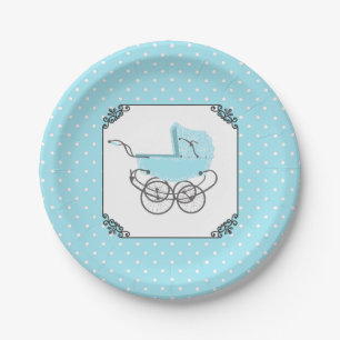 Assiettes En Carton Plaque de papier Baby shower Polka bleu et blanc
