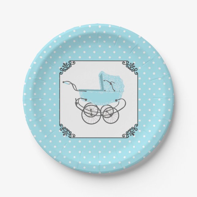 Assiettes En Carton Plaque de papier Baby shower Polka bleu et blanc (Devant)
