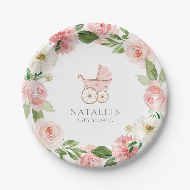 Assiettes En Carton Plaque de papier Baby shower rose florale fille (Devant)