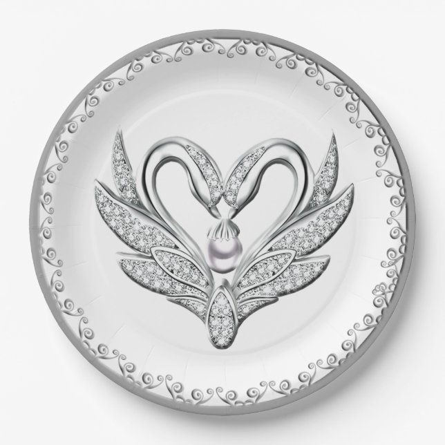 Assiettes En Carton Plaque de papier blanc ruban en argent Swans (Devant)