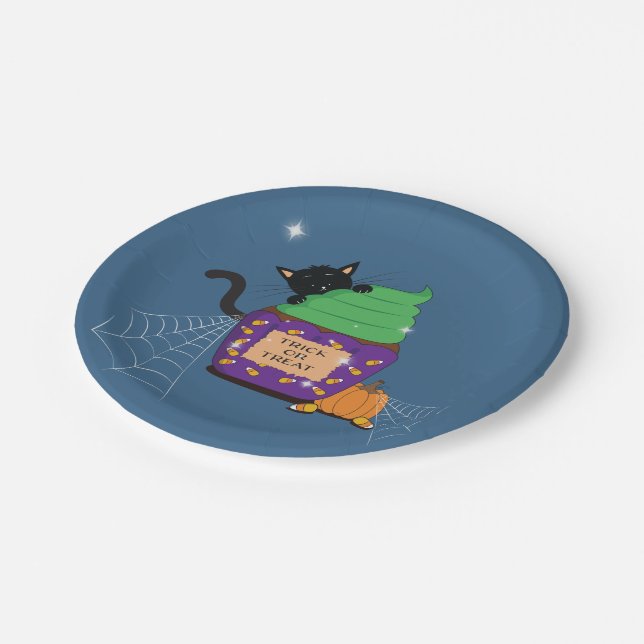 Assiettes En Carton Plaque de papier bleu Halloween Chat noir (Angle)