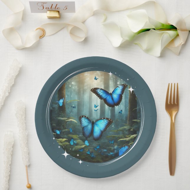Assiettes En Carton Plaque de papier bleu Morpho (Mariage)