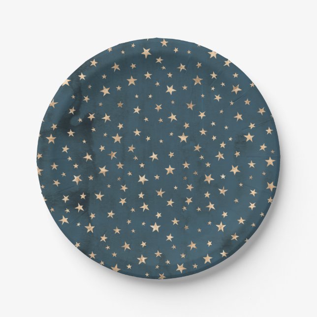 Assiettes En Carton Plaque de papier bleu Motif Galaxy Gold Stars (Devant)