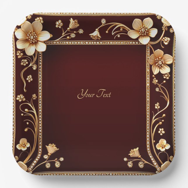Assiettes En Carton Plaque de papier Bourgogne Golden Flowers (Recto)