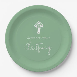 Assiettes En Carton Plaque de papier Croix Florale Christening Sage Ve