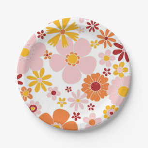 Assiettes En Carton Plaque de papier d'anniversaire Retro Floral orang