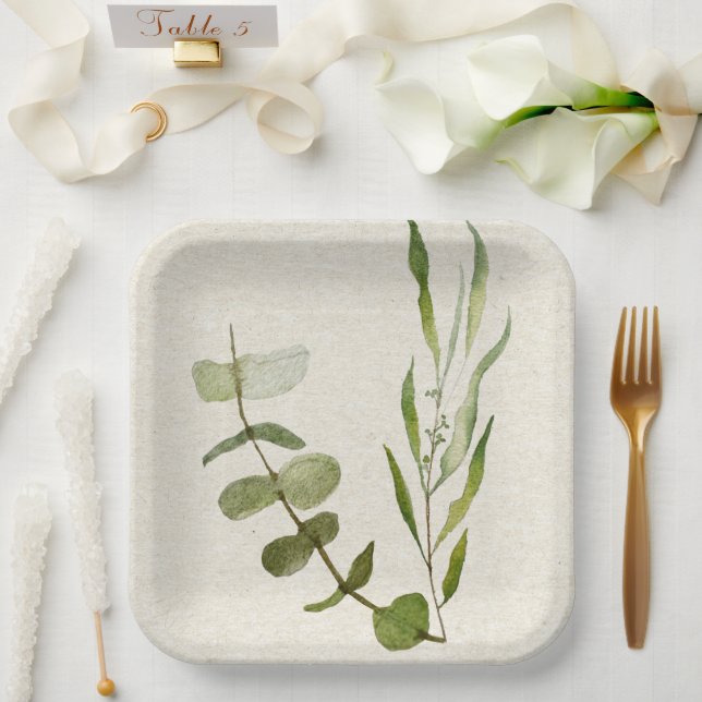 Assiettes En Carton Plaque de papier d'aquarelle feuille verte (Mariage)