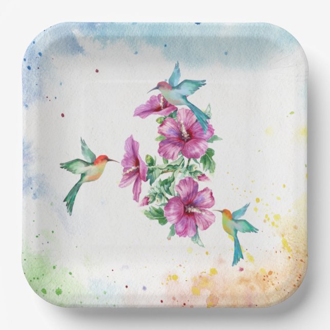 Assiettes En Carton Plaque de papier d'aquarelle pour trois colibris (Recto)