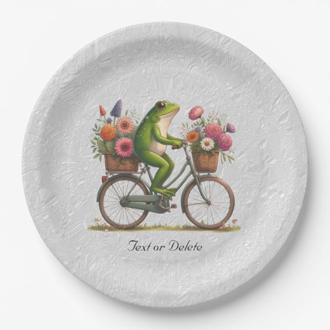 Assiettes En Carton Plaque de papier de grenouille à bicyclette floral (Devant)