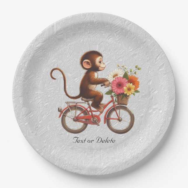 Assiettes En Carton Plaque de papier de singe à bicyclette florale (Devant)