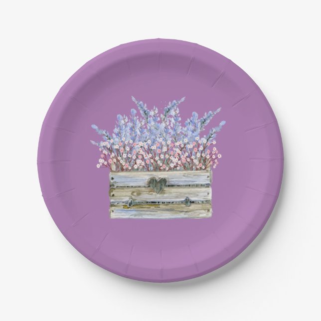 Assiettes En Carton Plaque de papier en violet avec fleurs en conteneu (Devant)