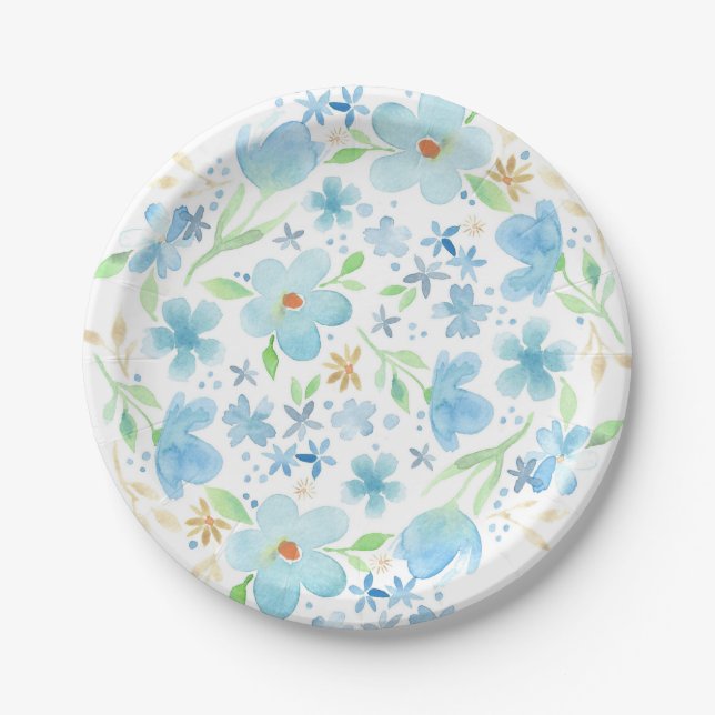 Assiettes En Carton Plaque de papier floral bleu aquarelle (Devant)