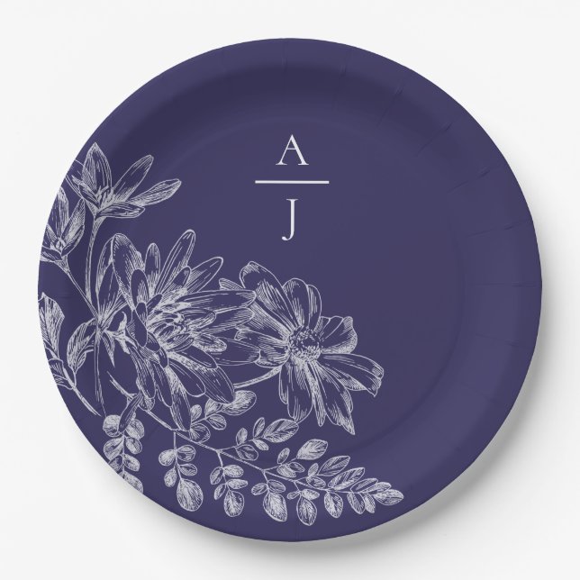 Assiettes En Carton Plaque de papier Floral de Monogramme violet moder (Devant)