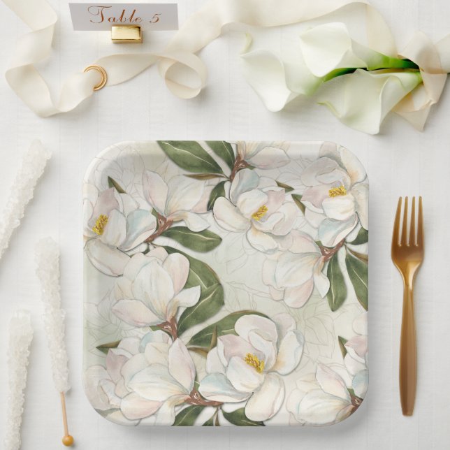 Assiettes En Carton Plaque de papier floral Magnolia (Mariage)