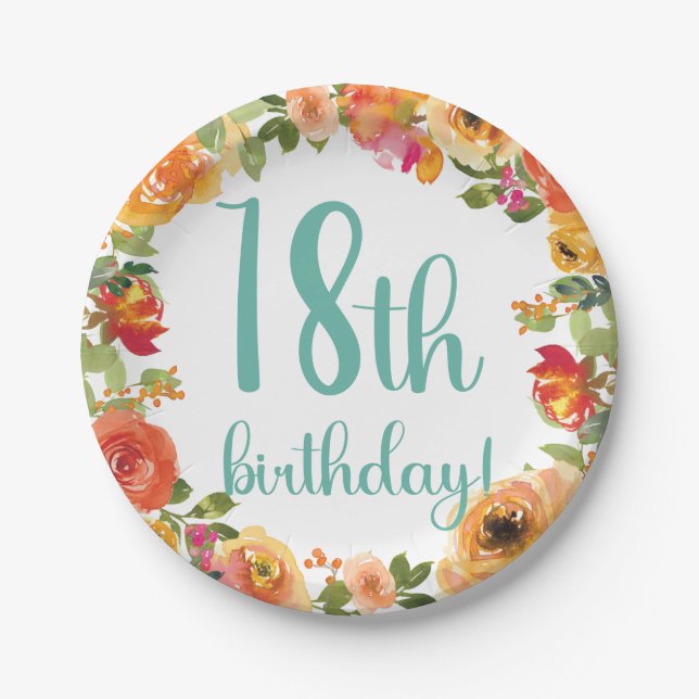 Assiettes En Carton Plaque de papier florale 18e anniversaire (Devant)