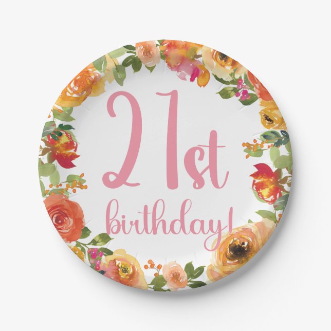 Assiettes En Carton Plaque de papier florale 21e anniversaire (Devant)