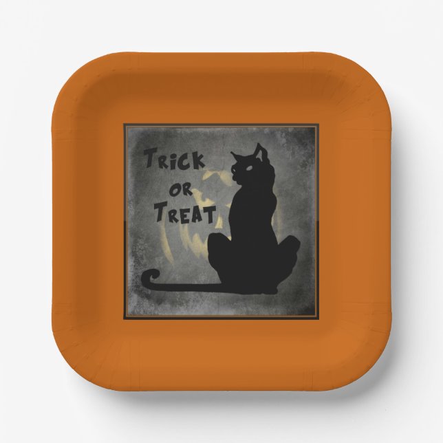Assiettes En Carton Plaque de papier Halloween Chat noir ou de traitem (Recto)