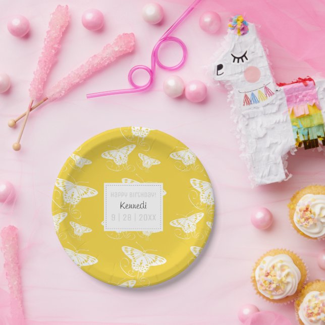 Assiettes En Carton Plaque De Papier Jaune Et Blanc Avec Papillons (Fête)