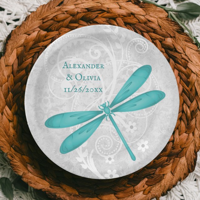 Assiettes En Carton Plaque de papier Mariage de libellules turquoises (Teal Dragonfly Wedding Paper Plate)