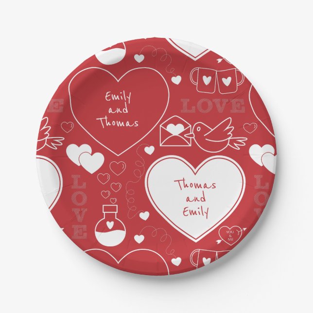 Assiettes En Carton Plaque de papier Motif Valentine - Blanc sur rouge (Devant)
