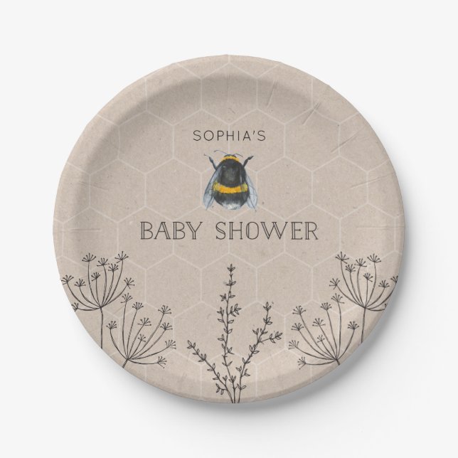 Assiettes En Carton Plaque de papier naturel Baby shower d'abeilles (Devant)