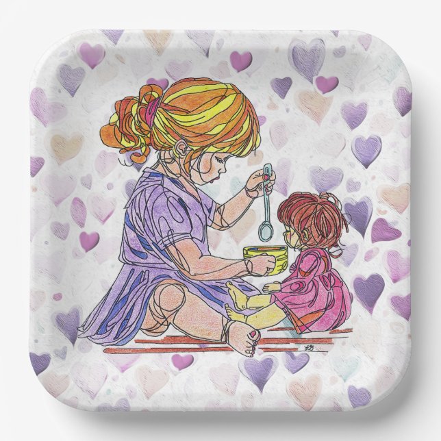 Assiettes En Carton Plaque de papier Petite fille et poupée bébé (Recto)