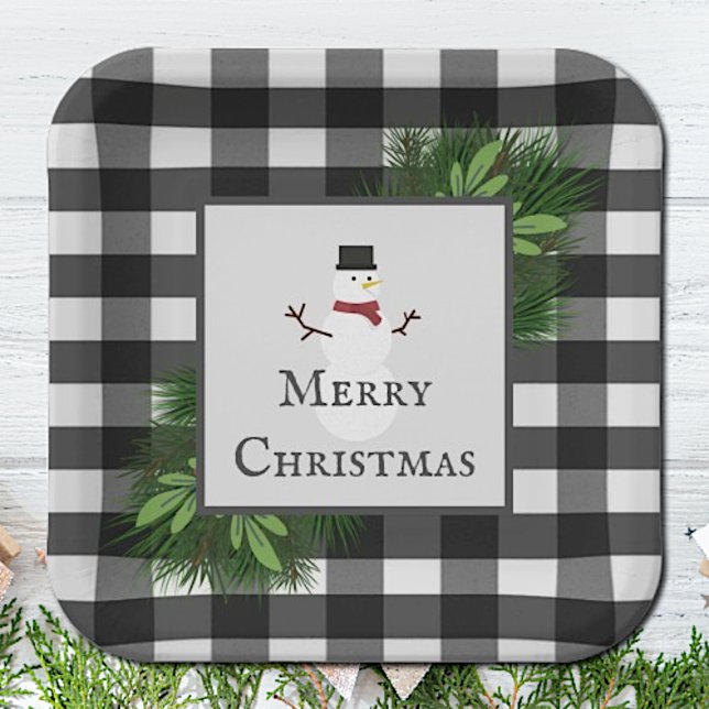 Assiettes En Carton Plaque de papier plaqué Snowman Buffalo (Snowman Buffalo Plaid Christmas Paper Plates)
