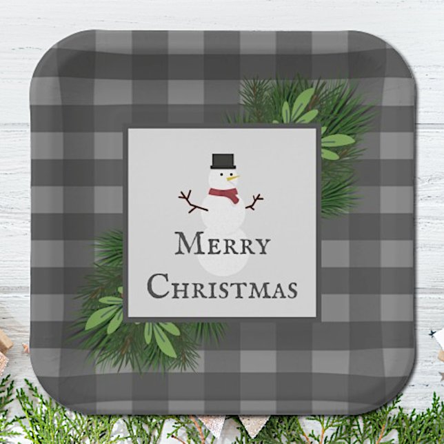 Assiettes En Carton Plaque de papier plaqué Snowman Grey Buffalo (Gray Snowman Buffalo Plaid Christmas Paper Plates)
