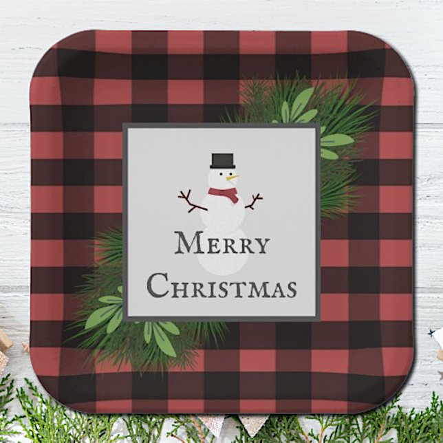 Assiettes En Carton Plaque de papier plaqué Snowman Red Buffalo (Red Snowman Buffalo Plaid Christmas Paper Plates)