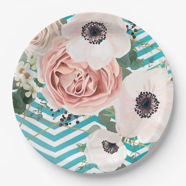 Assiettes En Carton Plaque de papier rond de 9" Rose géométrique Chevr (Devant)