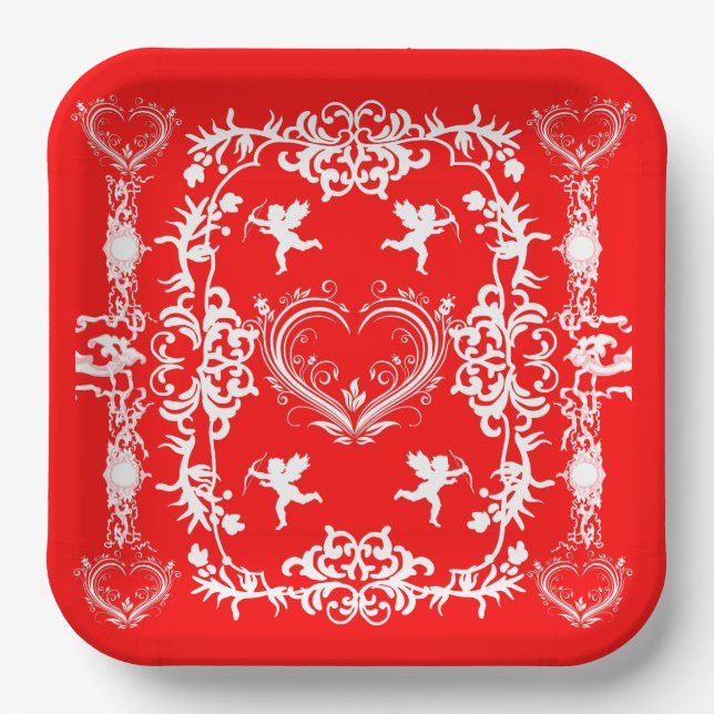 Assiettes En Carton Plaque de papier rouge victorienne valentines (Recto)