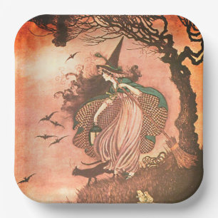 Assiettes En Carton Plaque de papier vintage Halloween Witch et Black