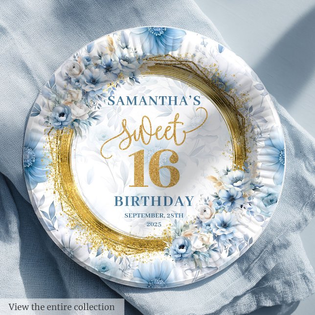 Assiettes En Carton Plaque de Parties scintillant or Sweet sixteen ble (Unique Light Blue Sweet Sixteen Gold Glitter Plates)