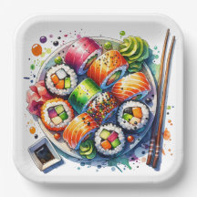 Plaque de sushi, de sauce de soja et de baguettes 