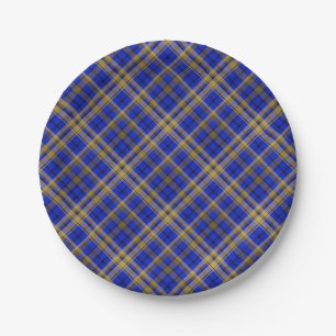 Assiettes En Carton Plaque de tartan bleu et jaune.