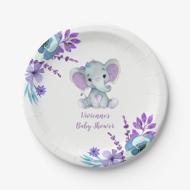Assiettes En Carton Plaque d'éléphant Turquoise violette 4 Baby shower (Devant)